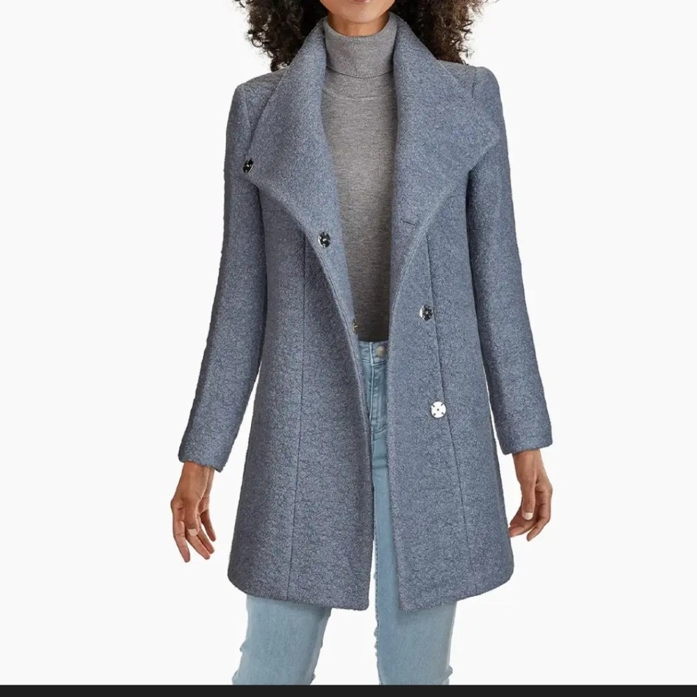 Kenneth Cole New York Womens Asymmetrical Bouclé Walker‎ Coat Periwinkle XS